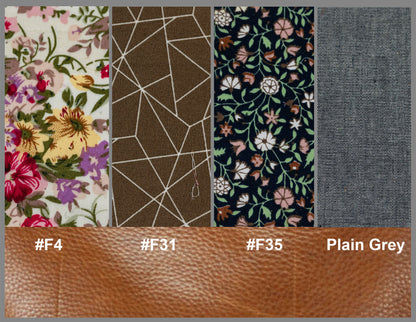 Collection of fabric swatches with floral, geometric, and plain patterns, along with color codes and a plain gray swatch.