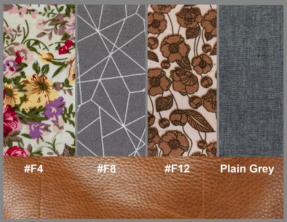 Fabric swatches with floral, geometric, and plain patterns labeled with color codes.
