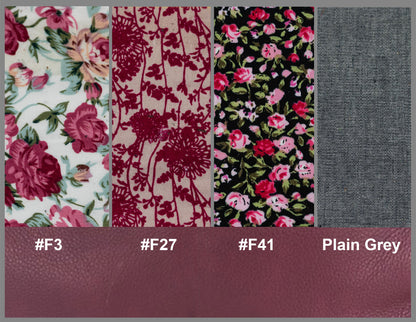 Four fabric swatches with floral patterns and one plain gray swatch, each labeled with a color code.