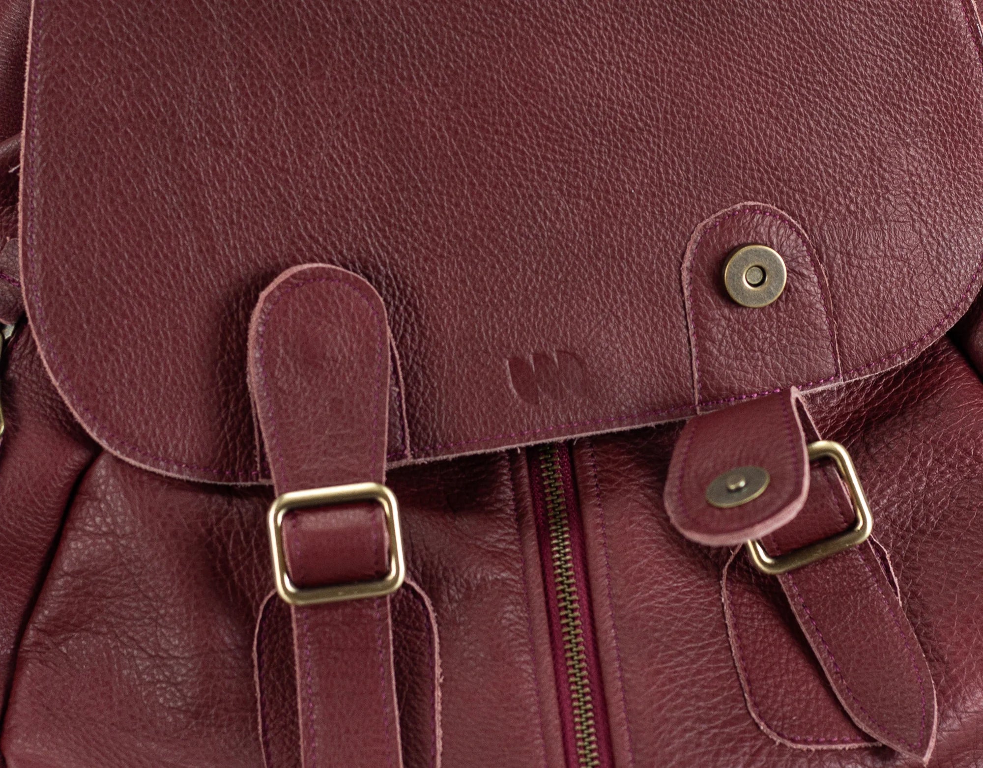 Close-up of a maroon leather bag with gold buckles and zipper.