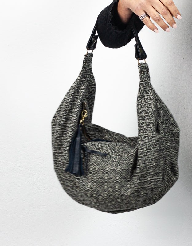 Kallia mini bag - Black patterned wool and black leather - milloobags