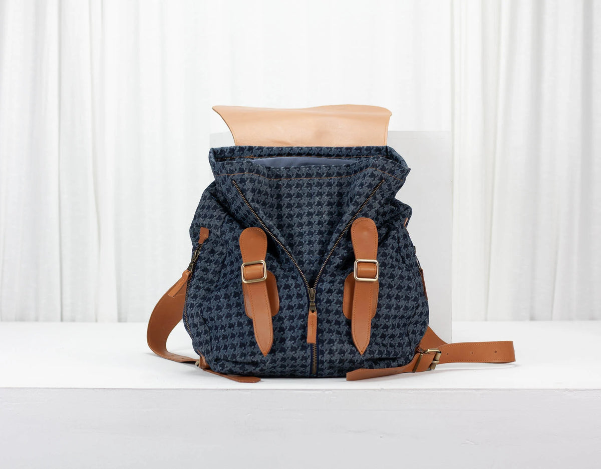 Artemis backpack - Blue denim with houndstooth print and Brown leather