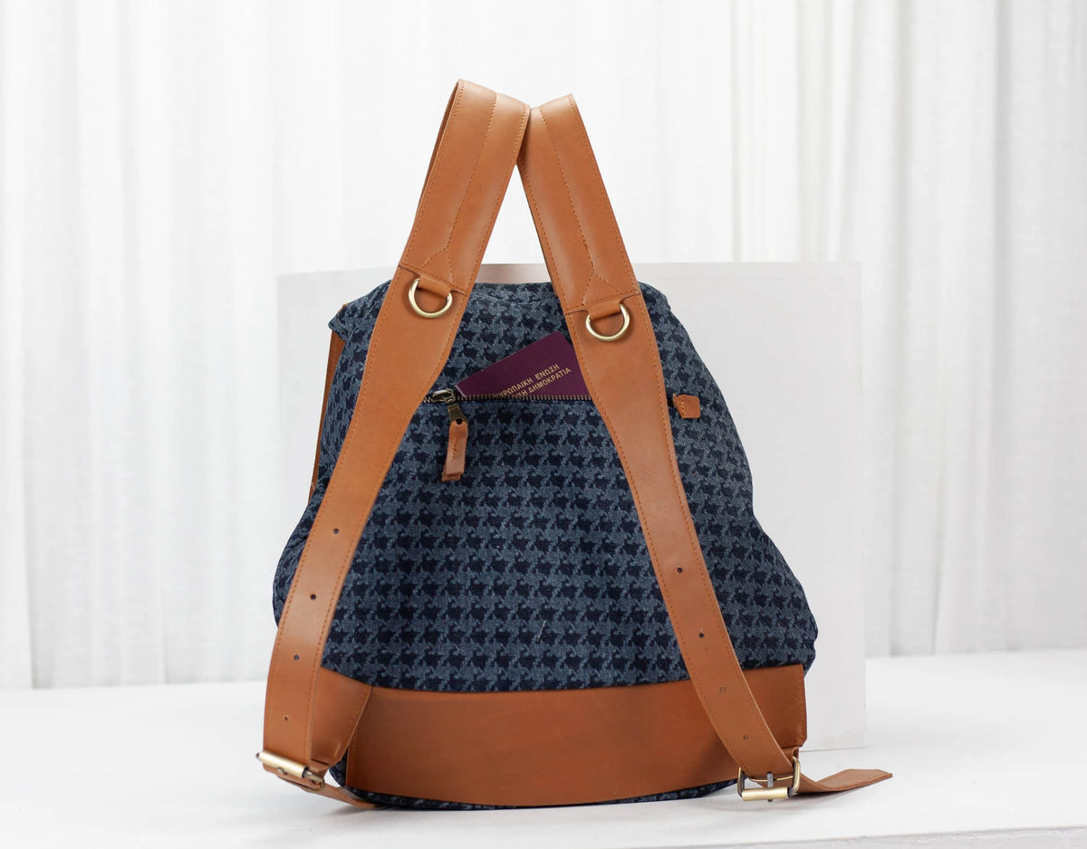 Artemis backpack - Blue denim with houndstooth print and Brown leather