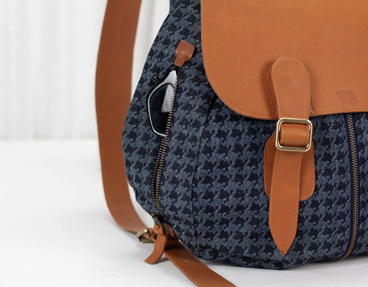 Artemis backpack - Blue denim with houndstooth print and Brown leather