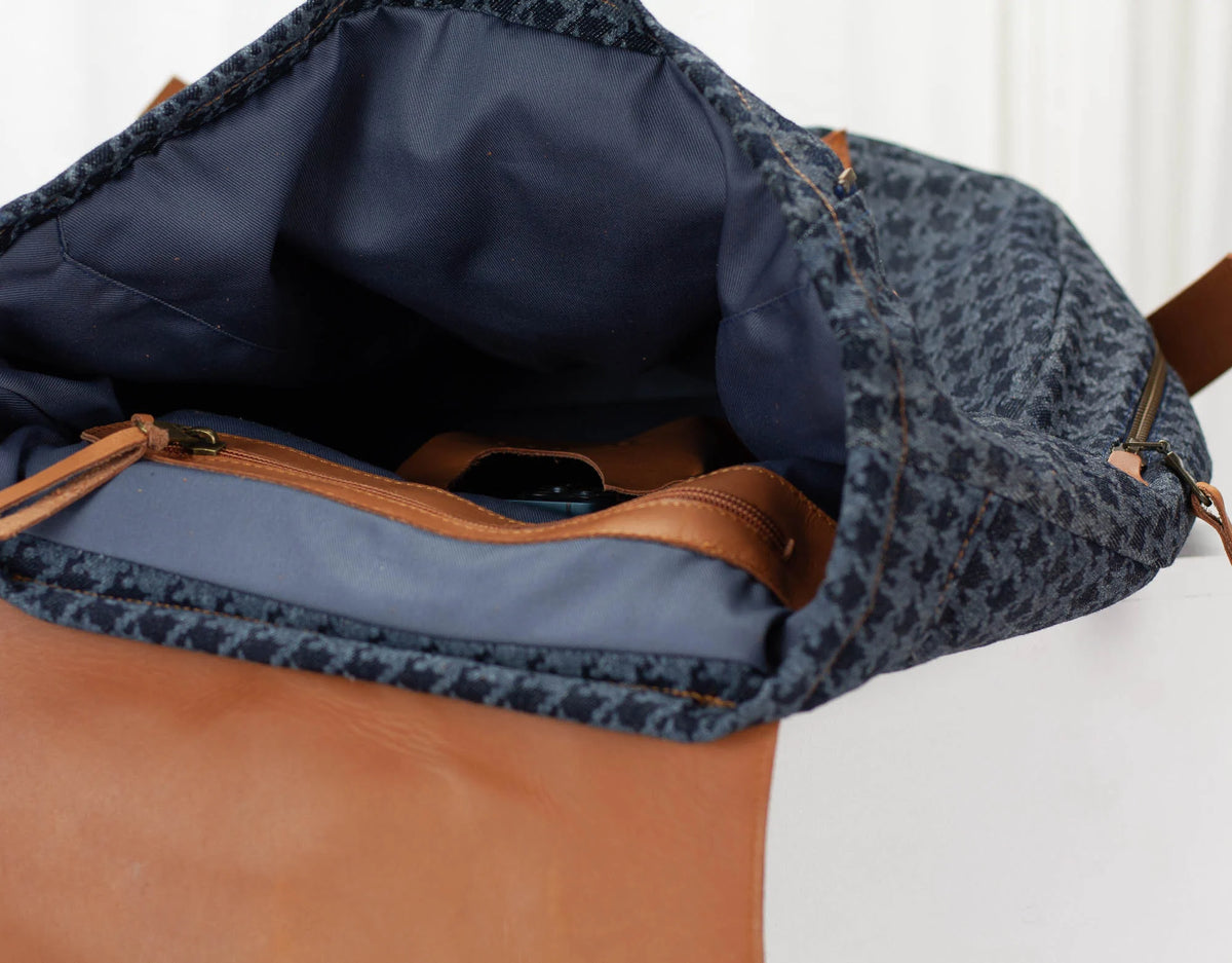 Artemis backpack - Blue denim with houndstooth print and Brown leather