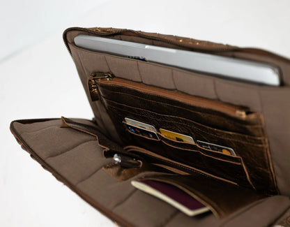 Brown leather wallet with multiple card slots and a passport holder on a white background