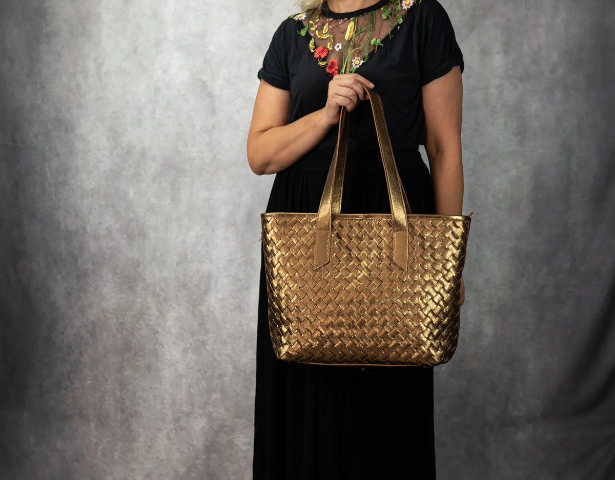 Τσάντα tote Calisto - Μπρονζέ πλεκτό δέρμα