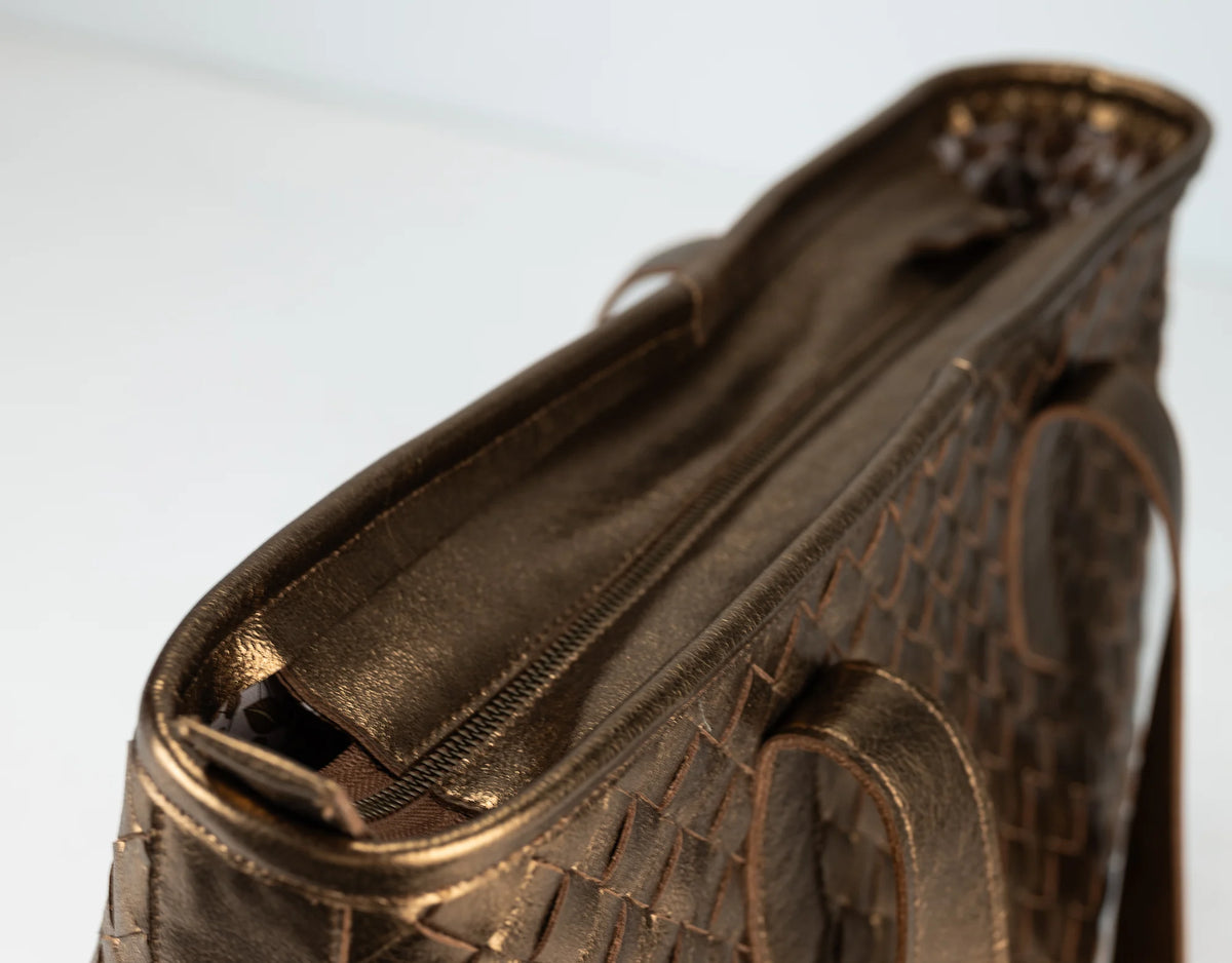 Τσάντα tote Calisto - Μπρονζέ πλεκτό δέρμα