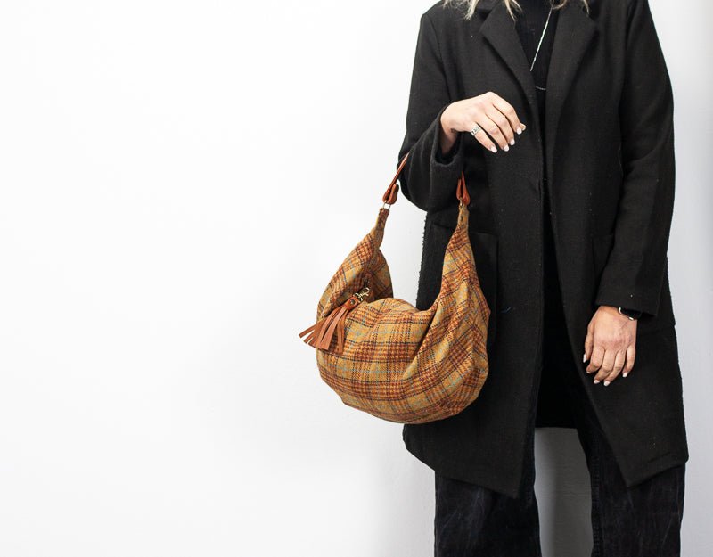 Kallia mini bag - Beige plaid wool and brown leather - milloobags