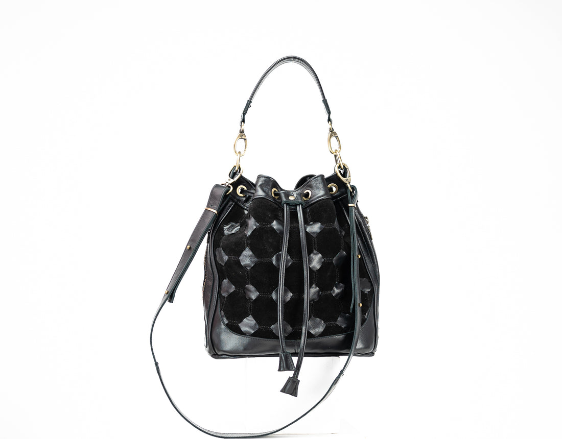 Black leather handwoven bucket bag 