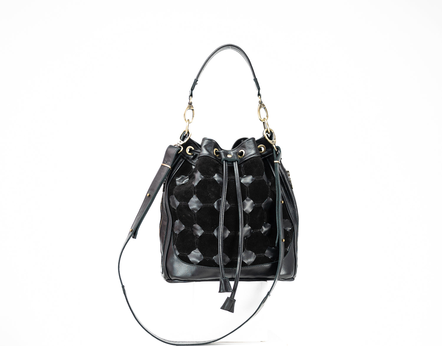 Black leather handwoven bucket bag 