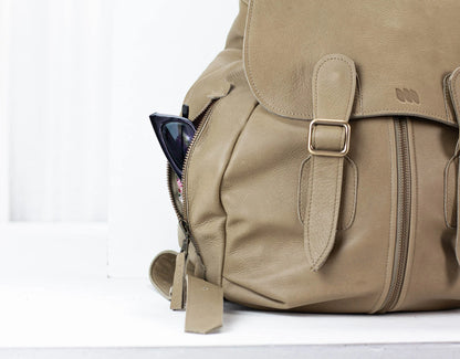 Beige backpack with sunglasses on a white background