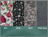 Fabric swatches with floral and plain patterns, labeled with color codes.