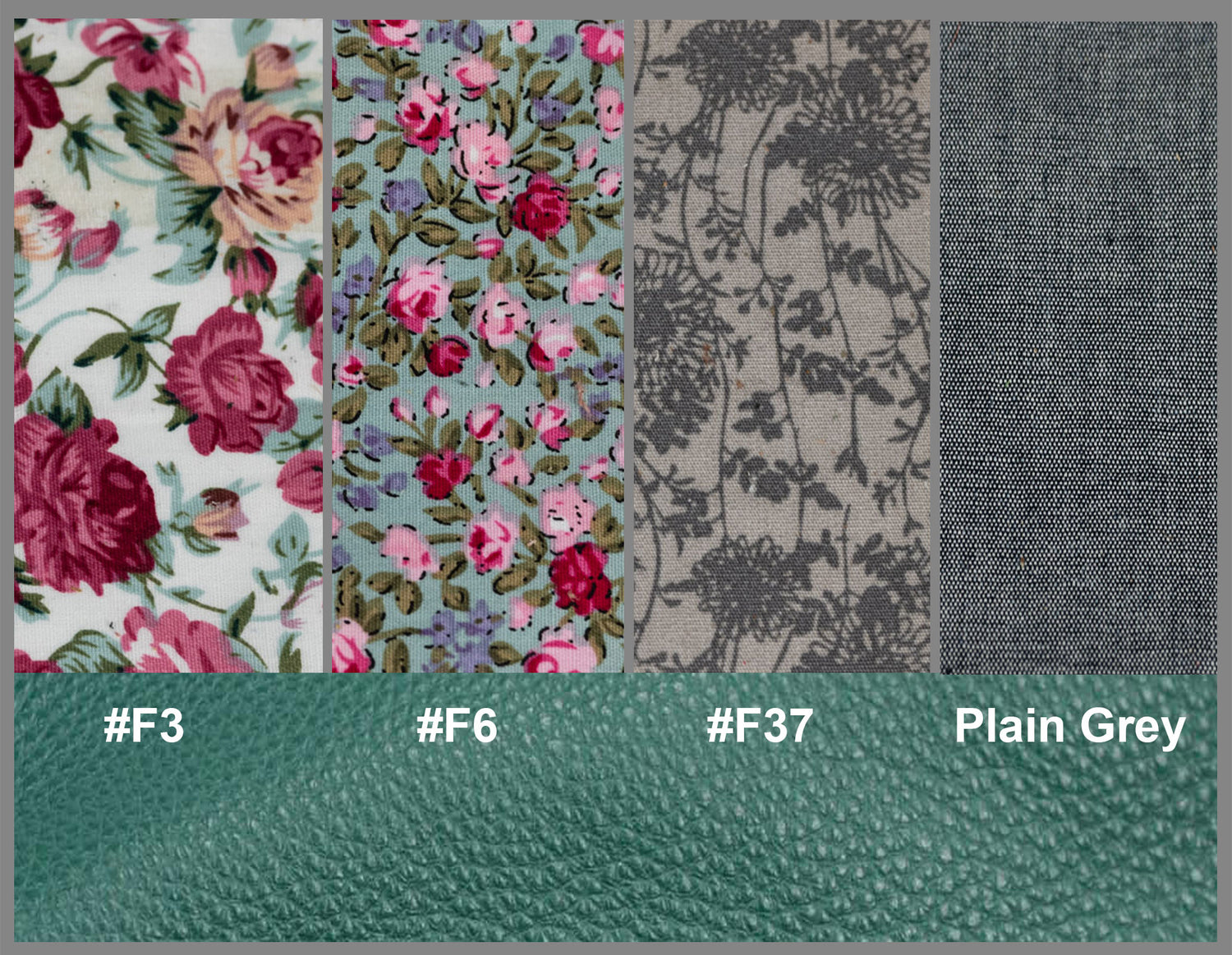 Fabric swatches with floral and plain patterns, labeled with color codes and names.