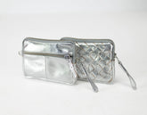 Silver quilted wallet with a strap on a white background