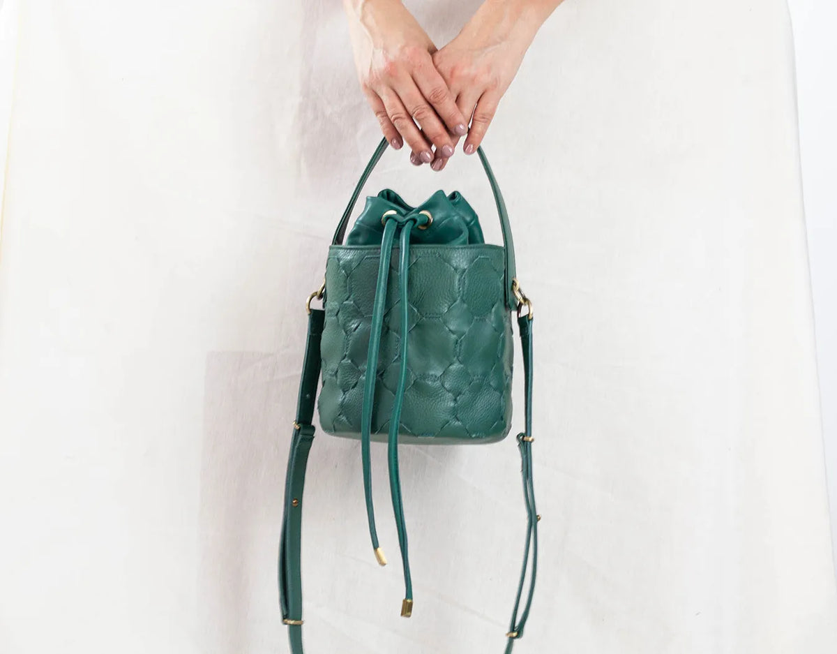 Helon mini bucket bag - Handwoven petrol green leather