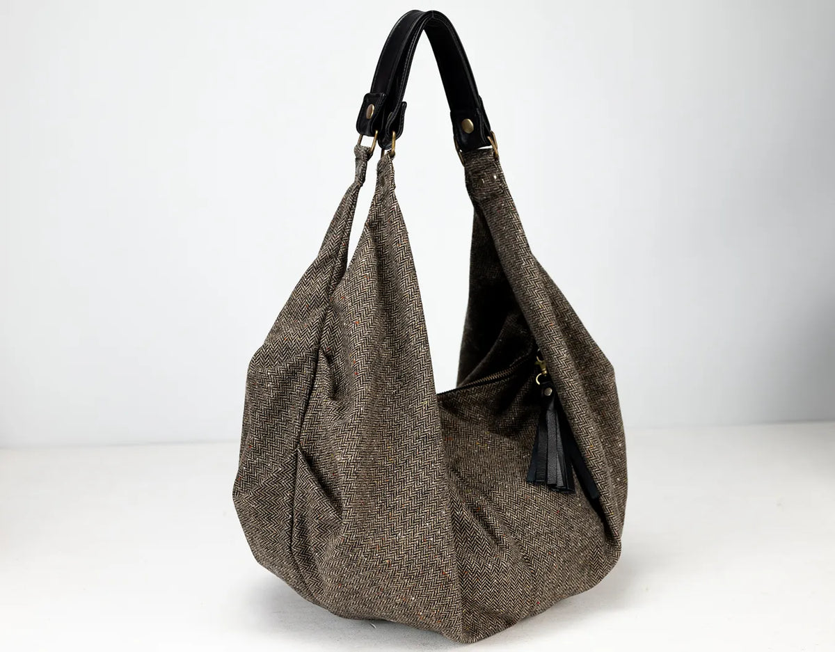 Kallia bag - Wool herringbone and Black leather