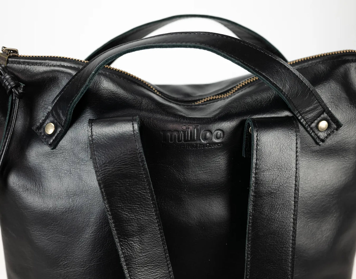 Minos backpack - Black leather & Floral canvas