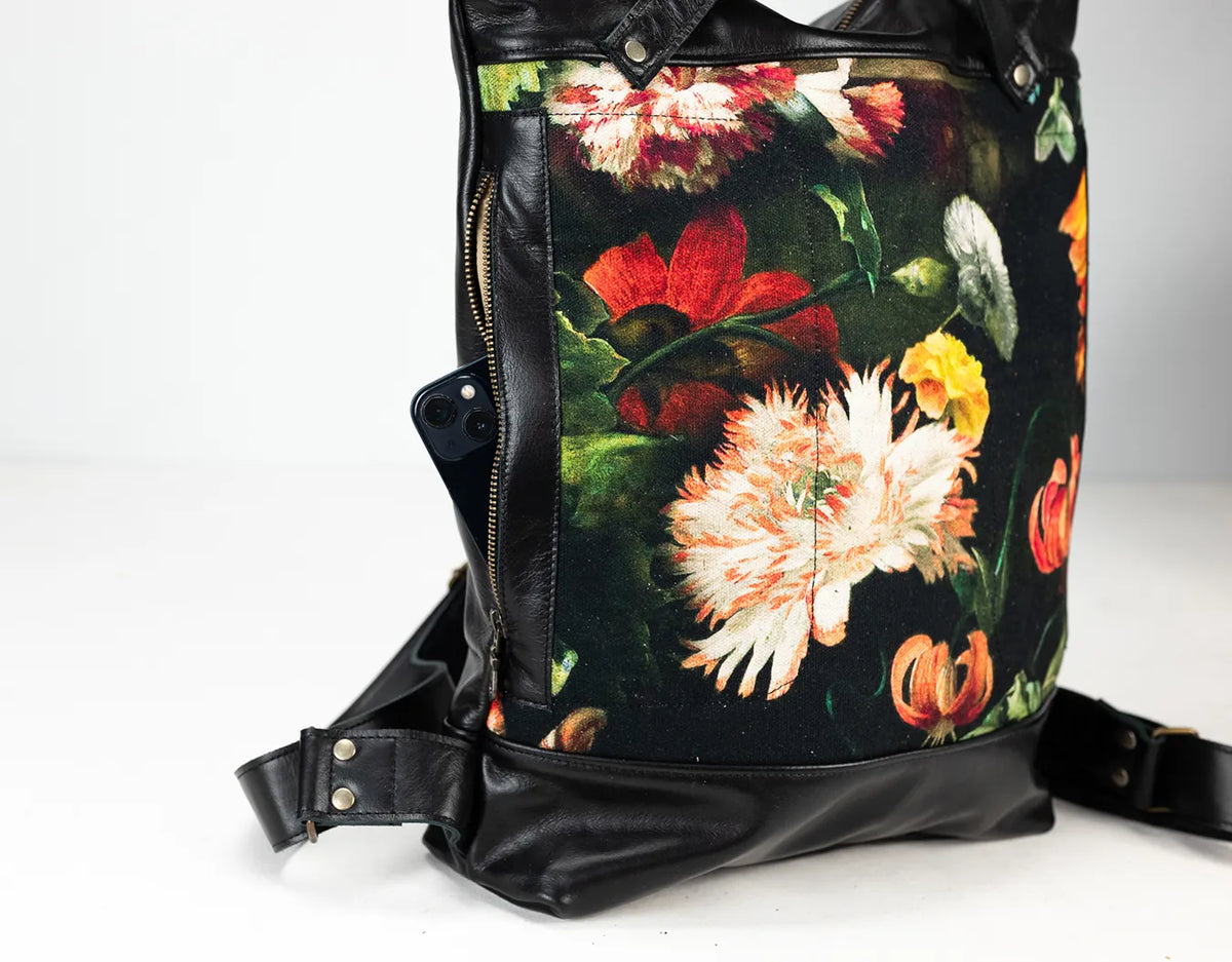 Minos backpack - Black leather & Floral canvas
