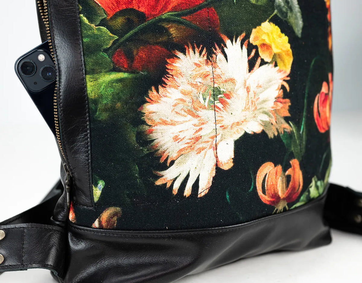 Minos backpack - Black leather & Floral canvas