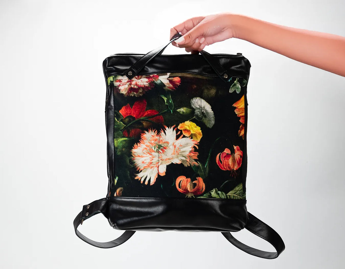 Minos backpack - Black leather & Floral canvas
