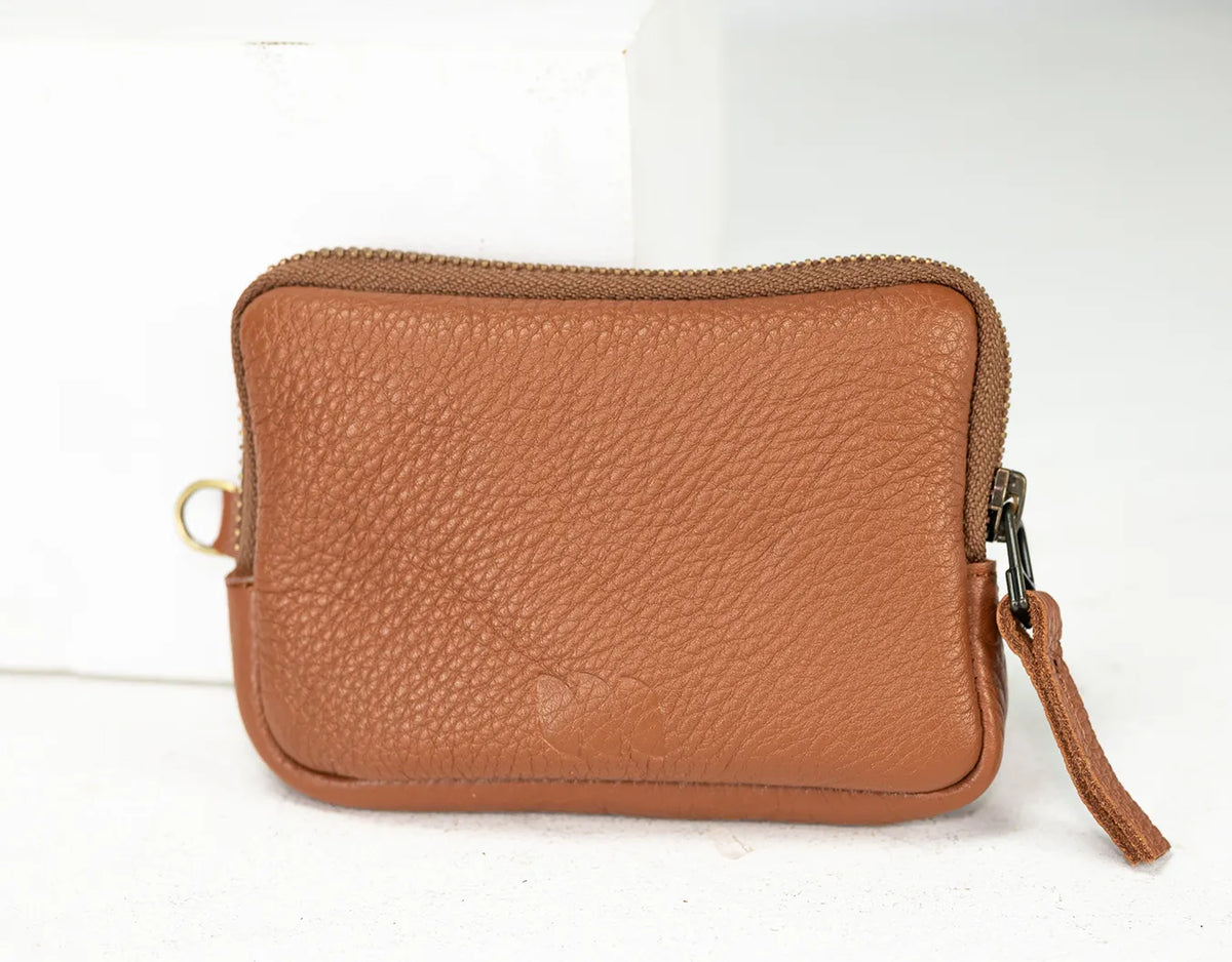 Brown leather wallet with a strap on a white background#color_brown