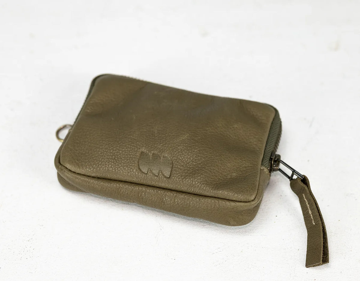 Green leather wallet with a brand logo on a white background#color_olive-green