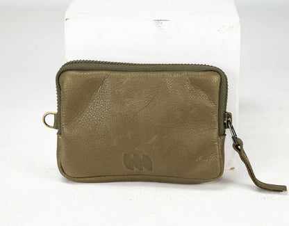 Brown leather pouch with a zipper on a white background