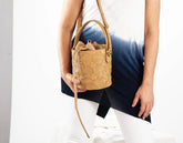 caramel leather handwoven mini bucket bag