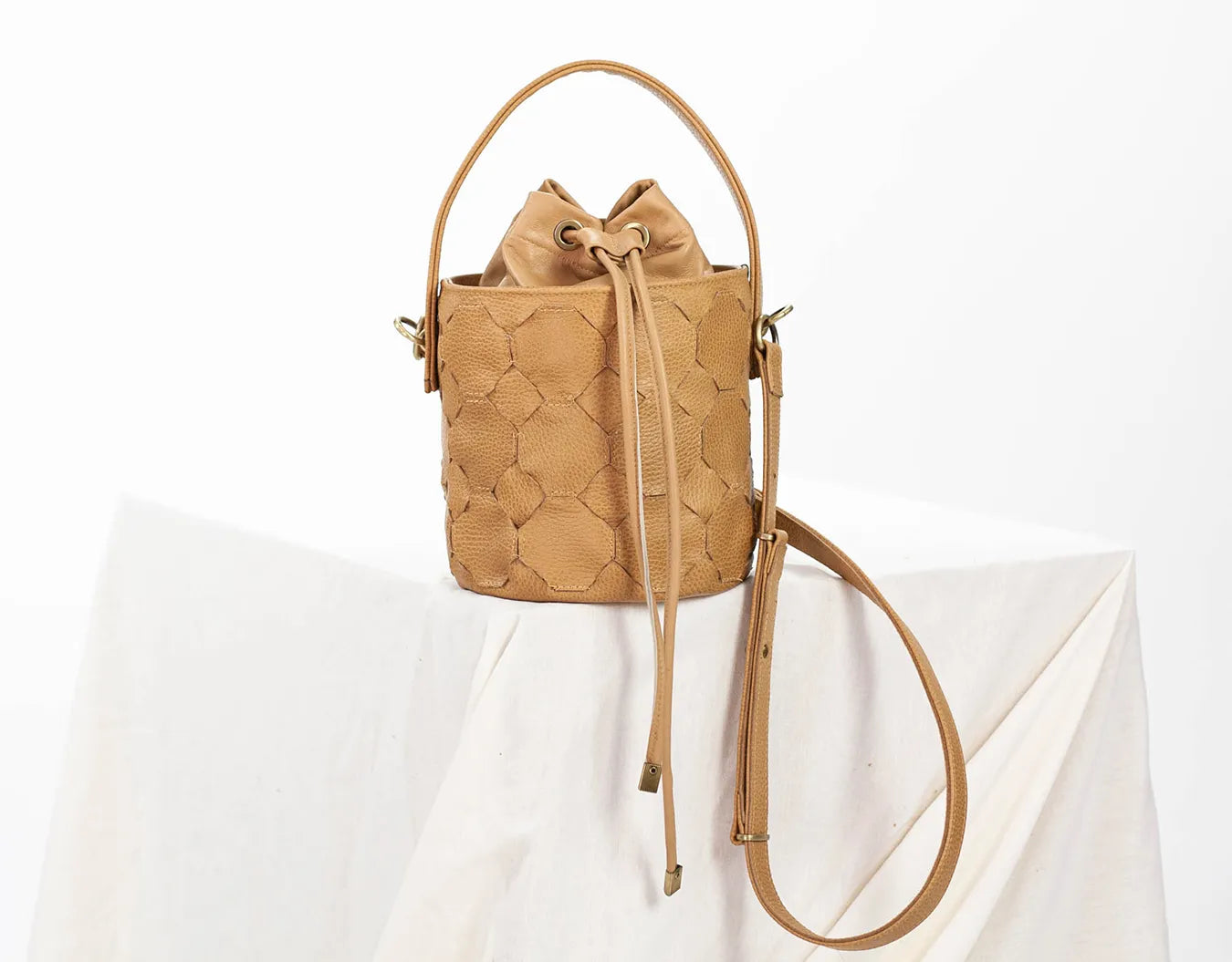 caramel leather handwoven mini bucket bag