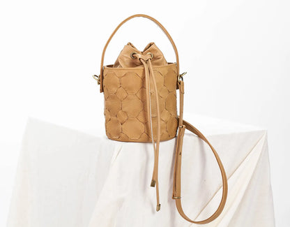caramel leather handwoven mini bucket bag