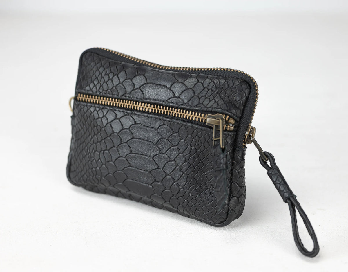 Antheia mini wallet - Black leather with snakeskin print