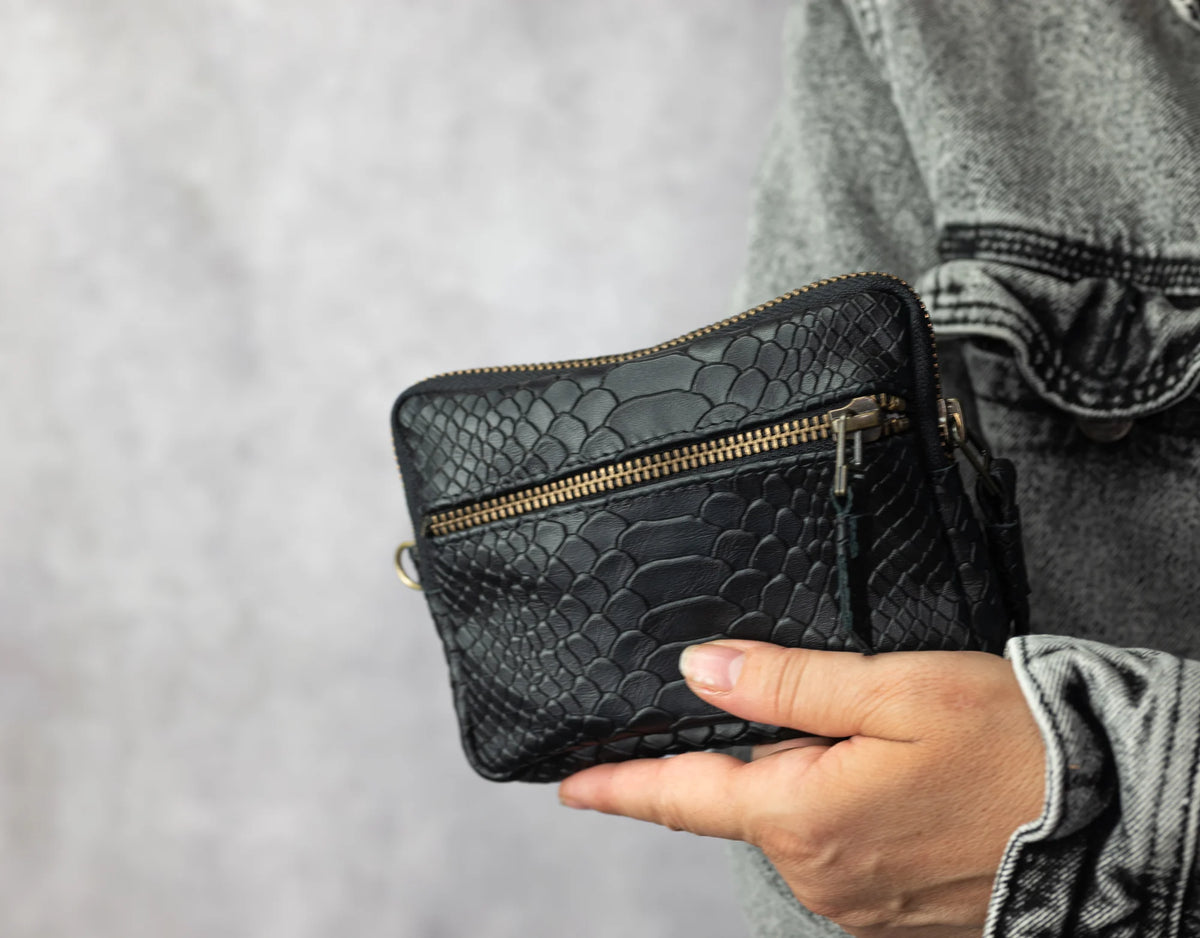 Antheia mini wallet - Black leather with snakeskin print