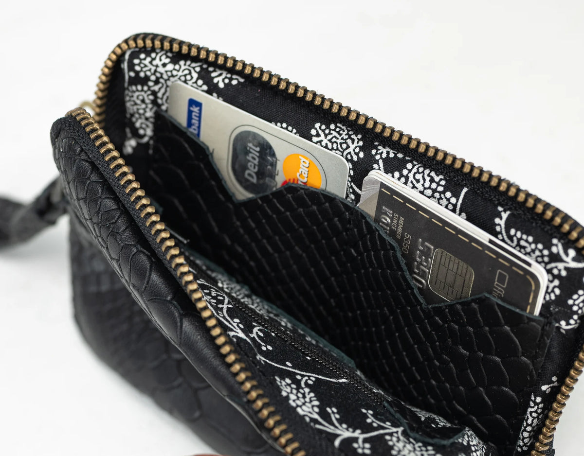 Antheia mini wallet - Black leather with snakeskin print