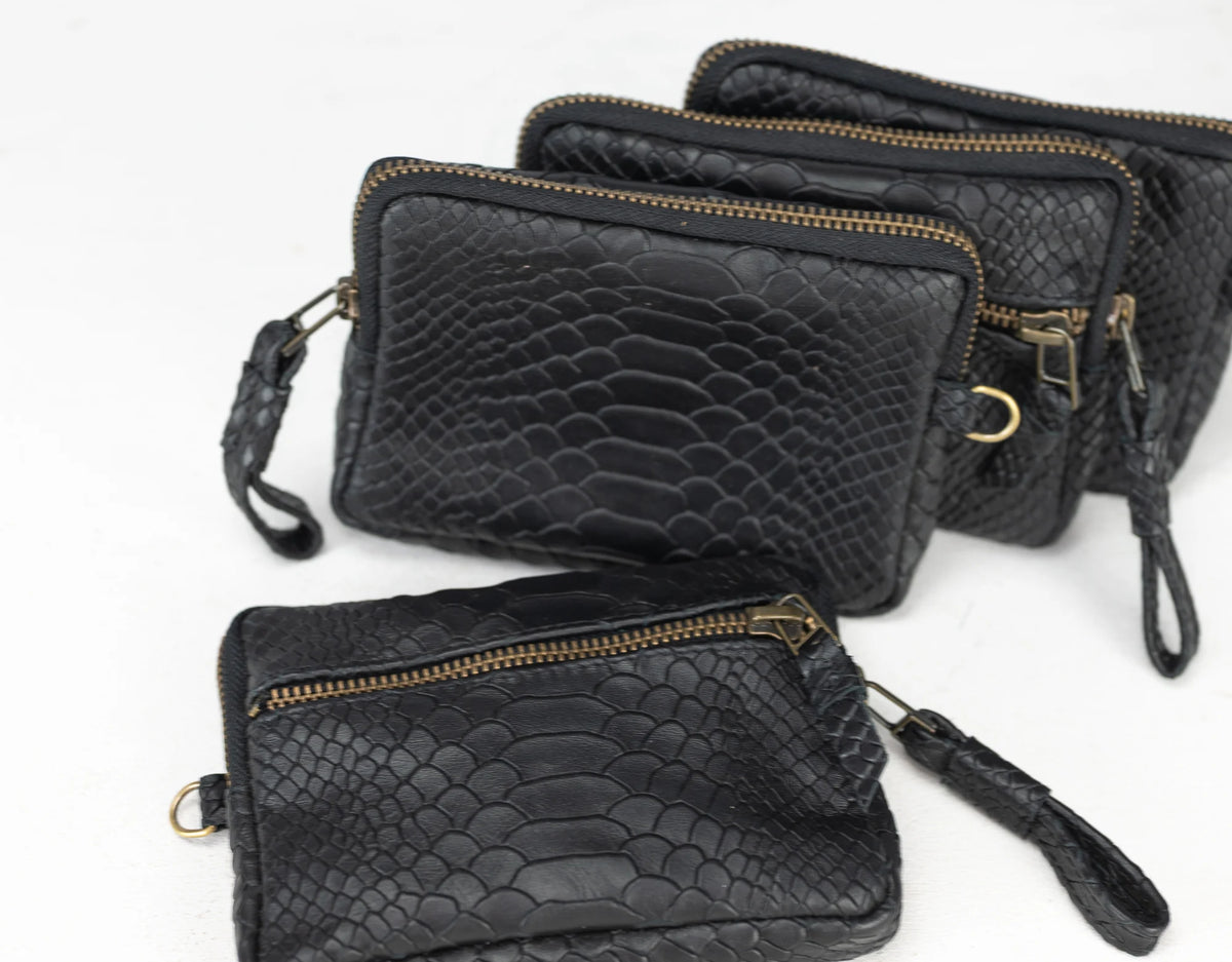 Antheia mini wallet - Black leather with snakeskin print