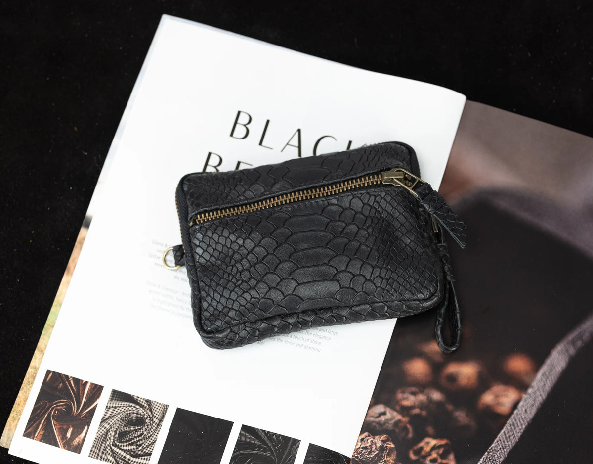 Antheia mini wallet - Black leather with snakeskin print