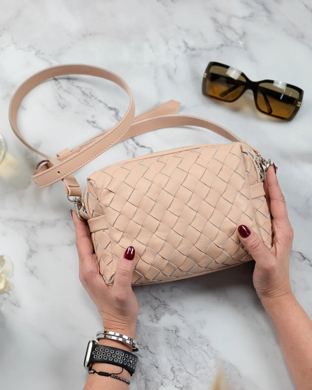 Calliope bag - Handwoven pale pink leather