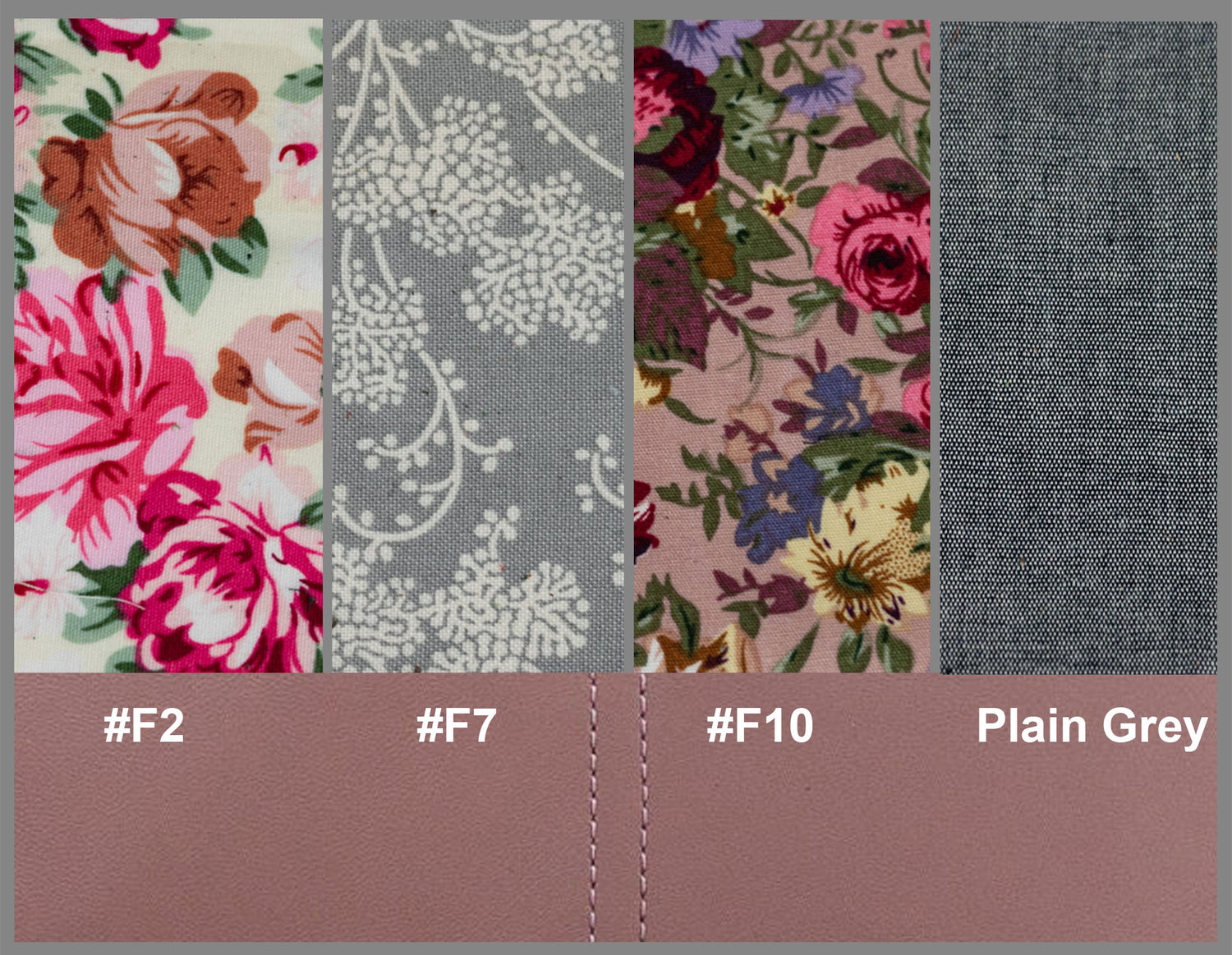 Fabric swatches with floral and plain patterns on a gray background
