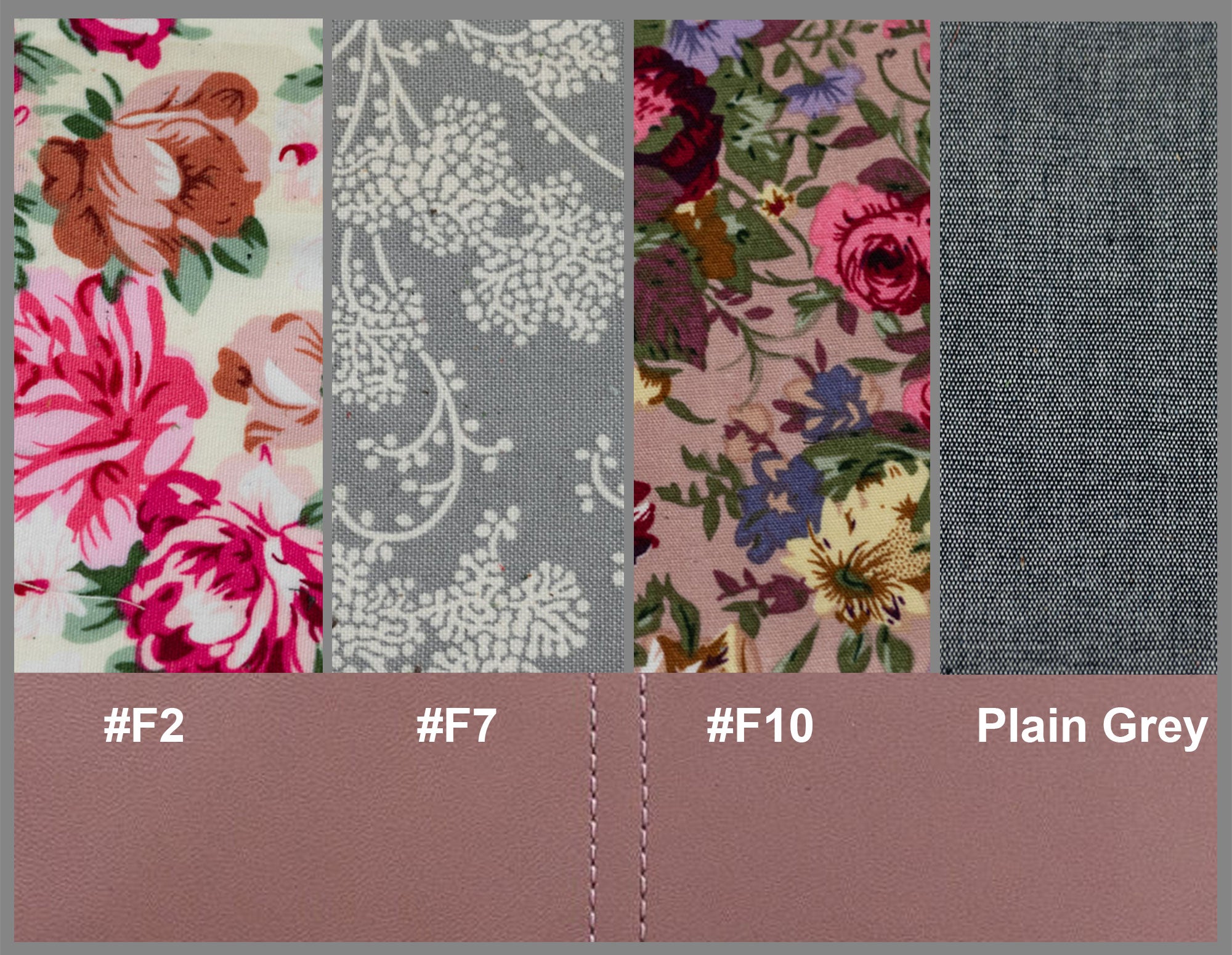 Fabric swatches with floral and plain patterns on a gray background