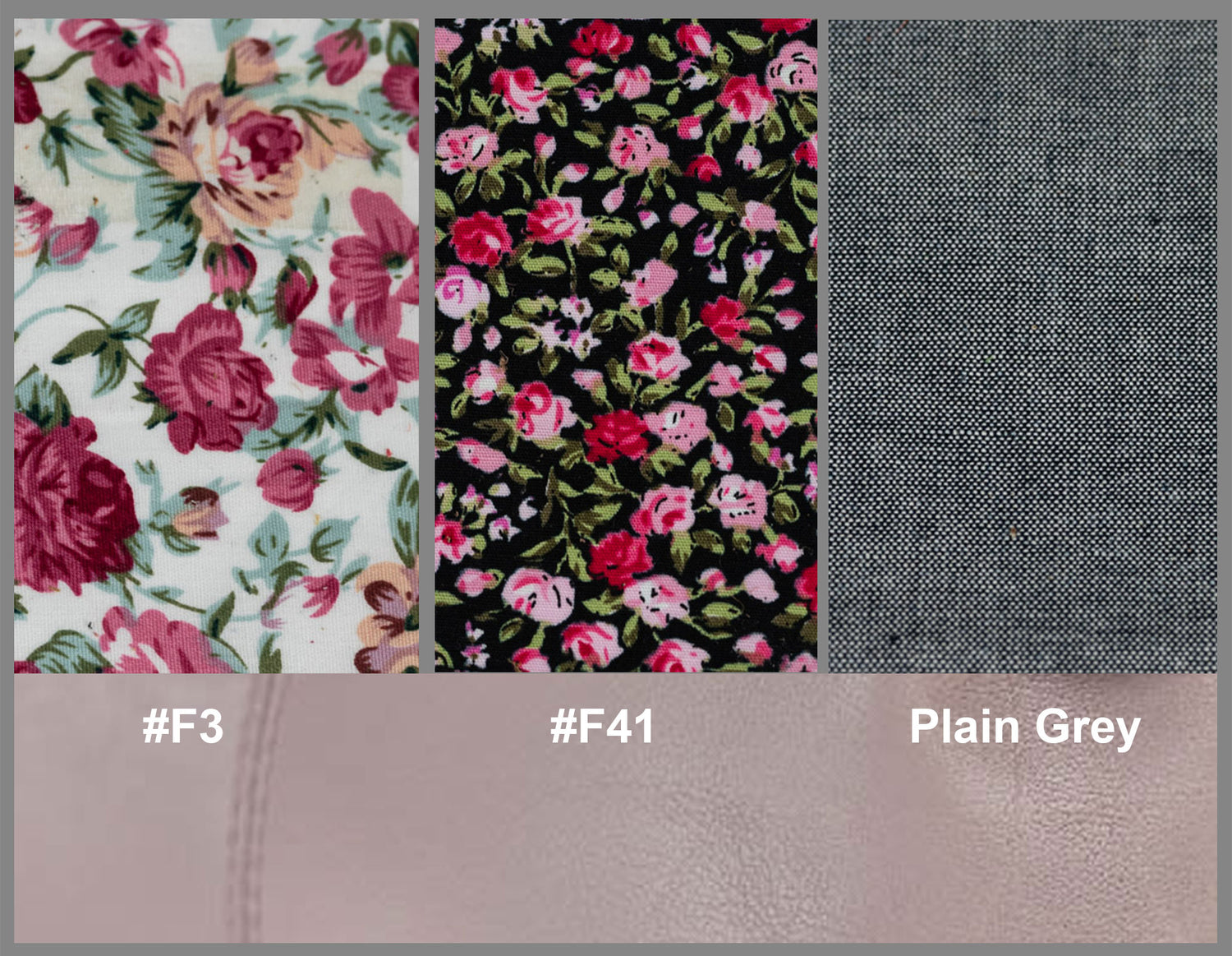 Three fabric swatches with floral patterns and plain gray fabric, labeled with color codes.