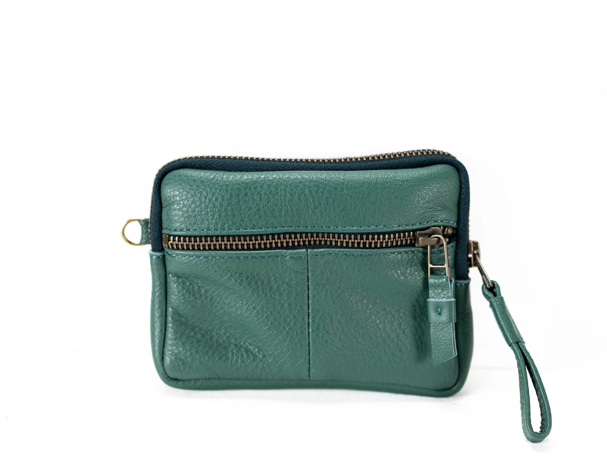 Green leather wristlet with a zipper on a white background