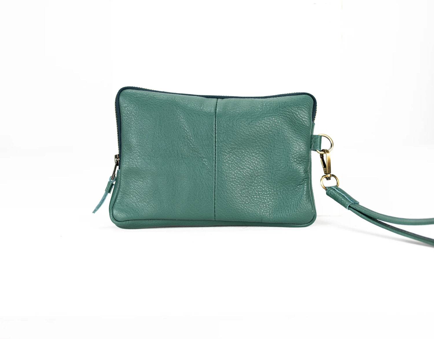 Green leather clutch bag with a strap on a white background