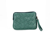 Green woven clutch bag on a white background