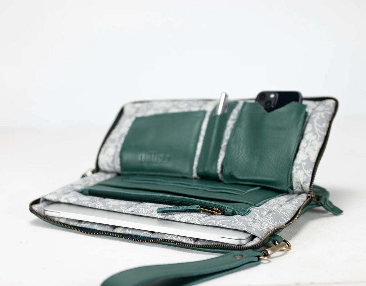 Athena Laptop Clutch - Petrol green leather