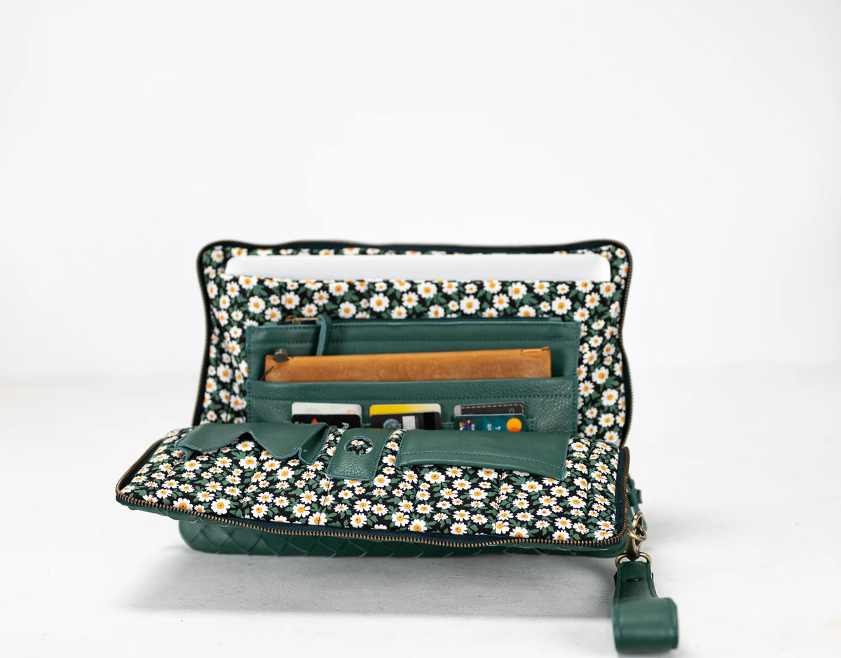 Athena Laptop Clutch - Petrol green leather