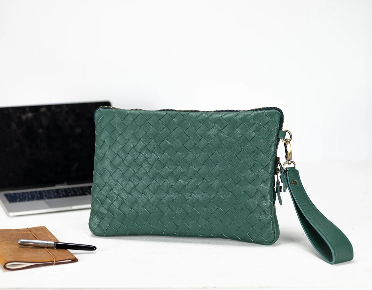 Athena Laptop Clutch - Petrol green leather