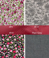Four fabric swatches with floral and plain designs, labeled with color codes and names.