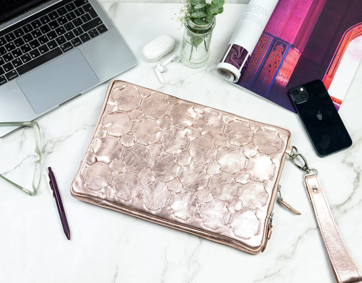 Athena Laptop Clutch - Rose Gold leather