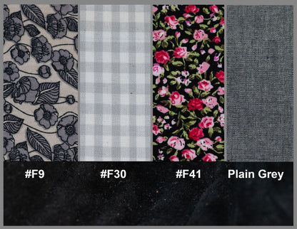 Four fabric swatches with floral, checkered, and plain patterns on a dark background.