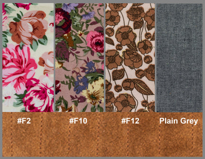 Five fabric swatches with floral patterns and a plain gray swatch, each labeled with a color code.